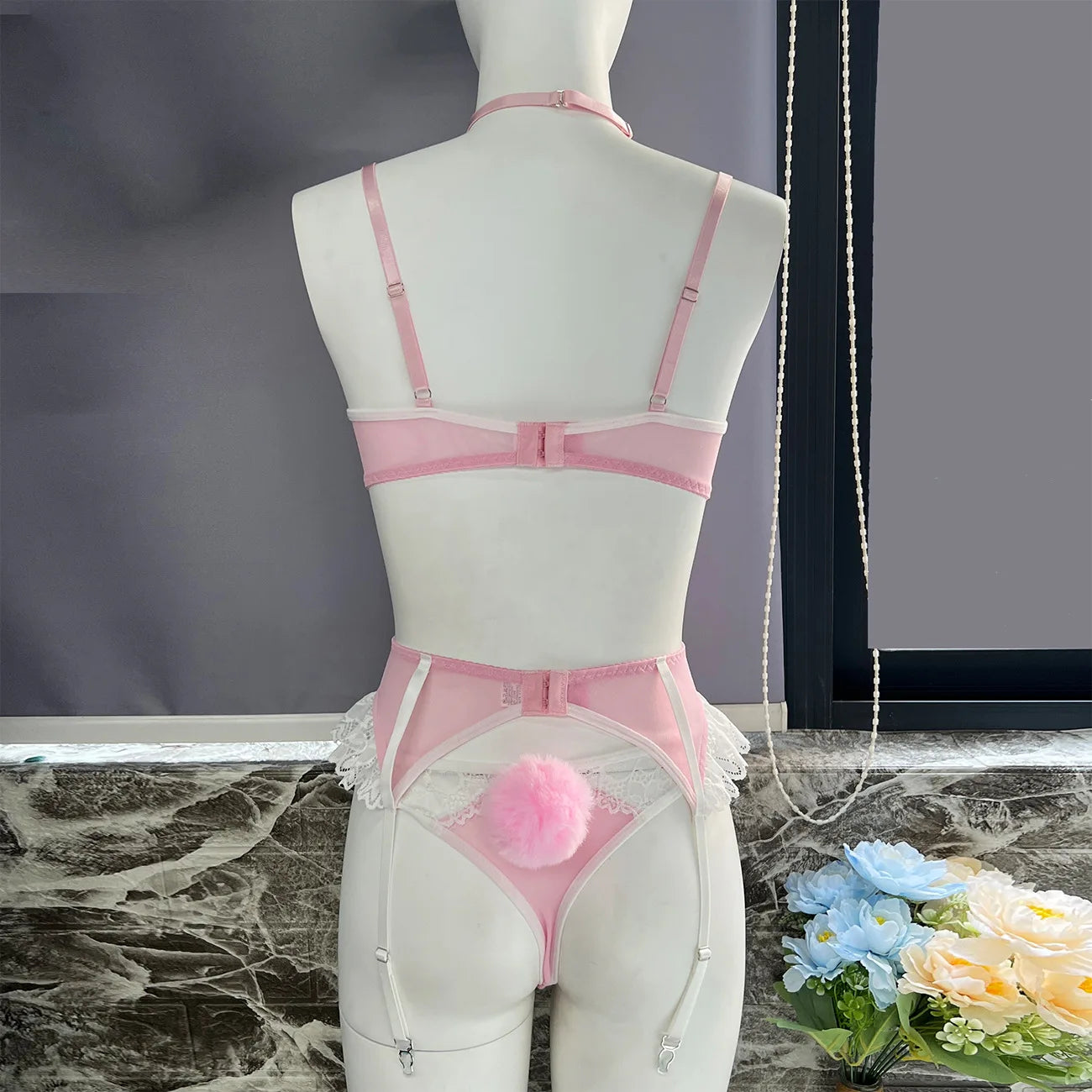 Yimunancy Ensemble de lingerie féminine 5 pièces de couleur contrastée Soutien-gorge ras du cou avec nœud + ensemble de sous-vêtements boule Bas Jarretière Kit