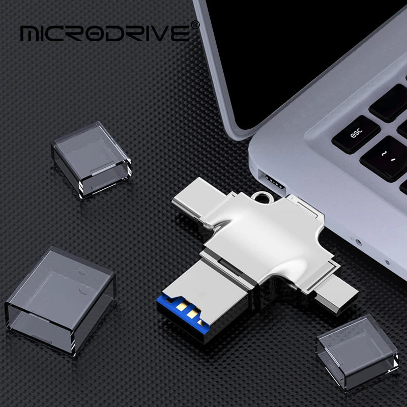 Adaptateur 4 en 1 USB 3.0 vers Type C : Ce lecteur de carte multifonction permet de connecter différents types de cartes (USB, iOS, Micro, TF) à des appareils comme les PC, iPhones, Samsung, Xiaomi, et Huawei via un connecteur OTG