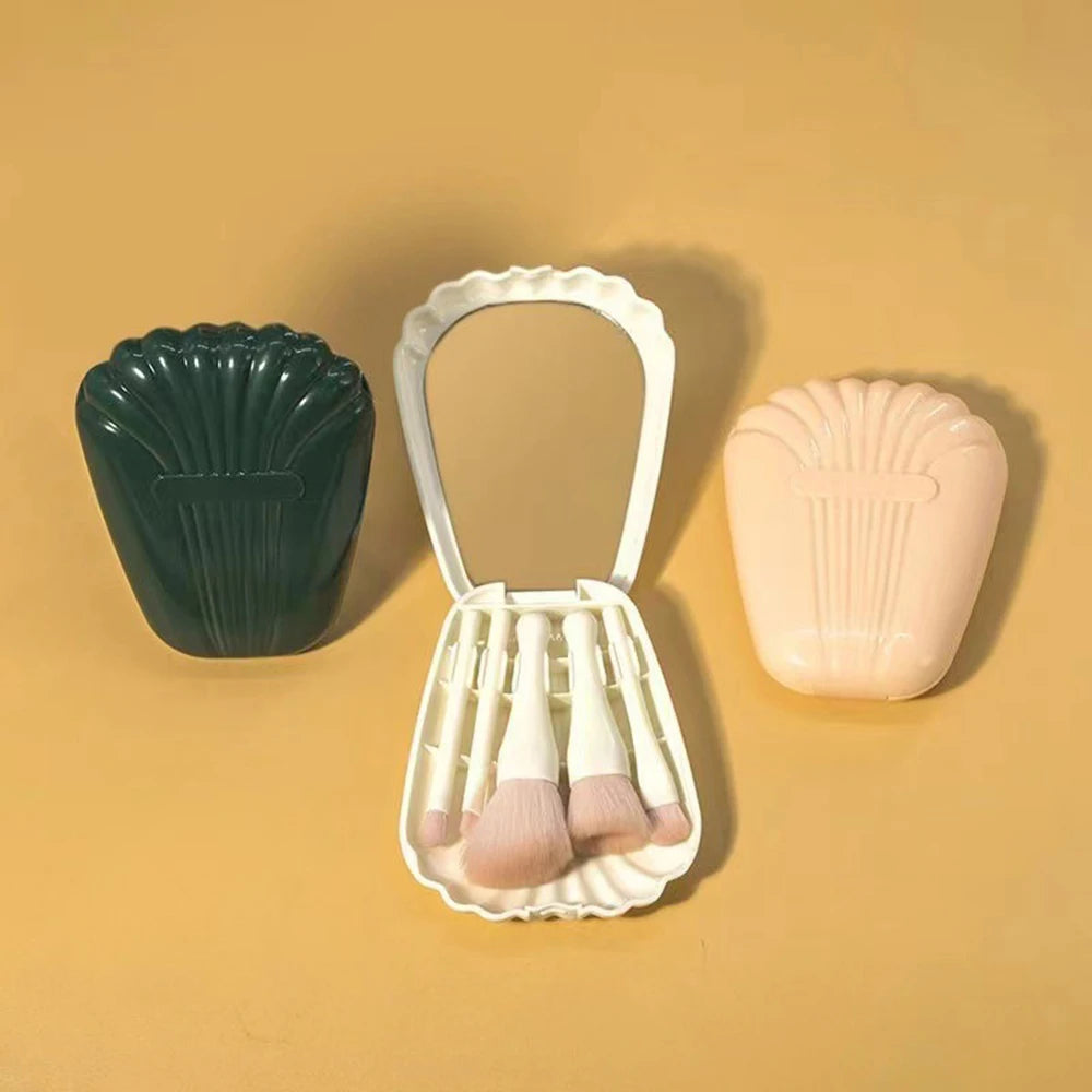 Ensemble de pinceaux de maquillage portable : 5 pinceaux essentiels, incluant pinceau fond de teint et ombre à paupières. Livré avec miroir pratique, idéal pour les voyages.