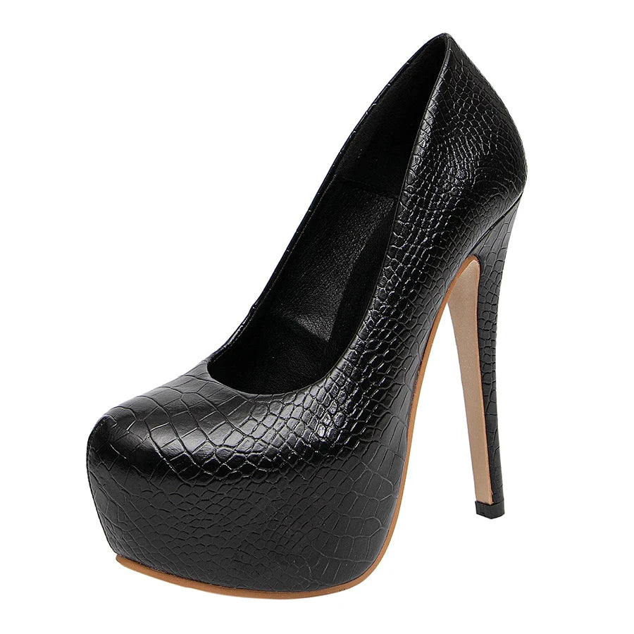 Escarpins plateforme punk grande taille 35-45 pour femmes, talons ultra-hauts de 16 cm, bout rond, cuir avec motif crocodile, idéaux pour soirées sexy.