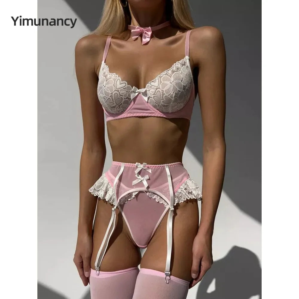Yimunancy Ensemble de lingerie féminine 5 pièces de couleur contrastée Soutien-gorge ras du cou avec nœud + ensemble de sous-vêtements boule Bas Jarretière Kit