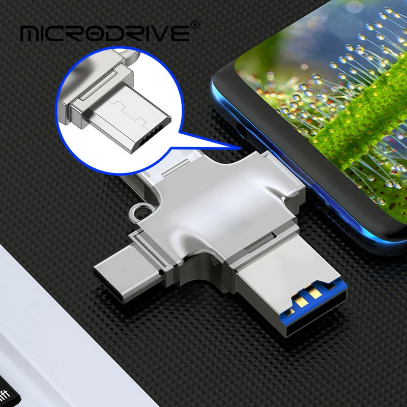 Adaptateur 4 en 1 USB 3.0 vers Type C : Ce lecteur de carte multifonction permet de connecter différents types de cartes (USB, iOS, Micro, TF) à des appareils comme les PC, iPhones, Samsung, Xiaomi, et Huawei via un connecteur OTG