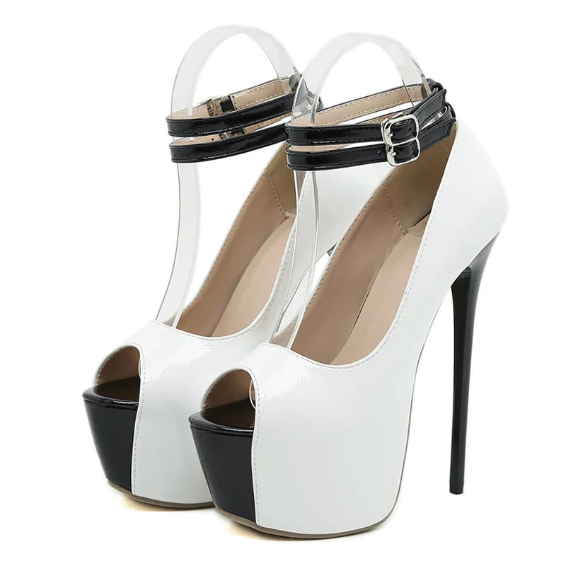 Sandales plateforme pour femmes Liyke Fashion Design à double boucle, escarpins sexy à bout ouvert, talons ultra-hauts de 16,5 cm, chaussures de danse blanches.