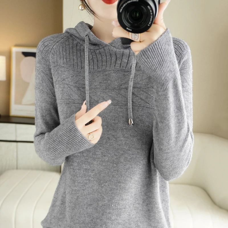 Pull-over à capuche en cachemire pour femmes, nouveau modèle automne/hiver : sweat-shirt ample avec capuche et effet ombragé.