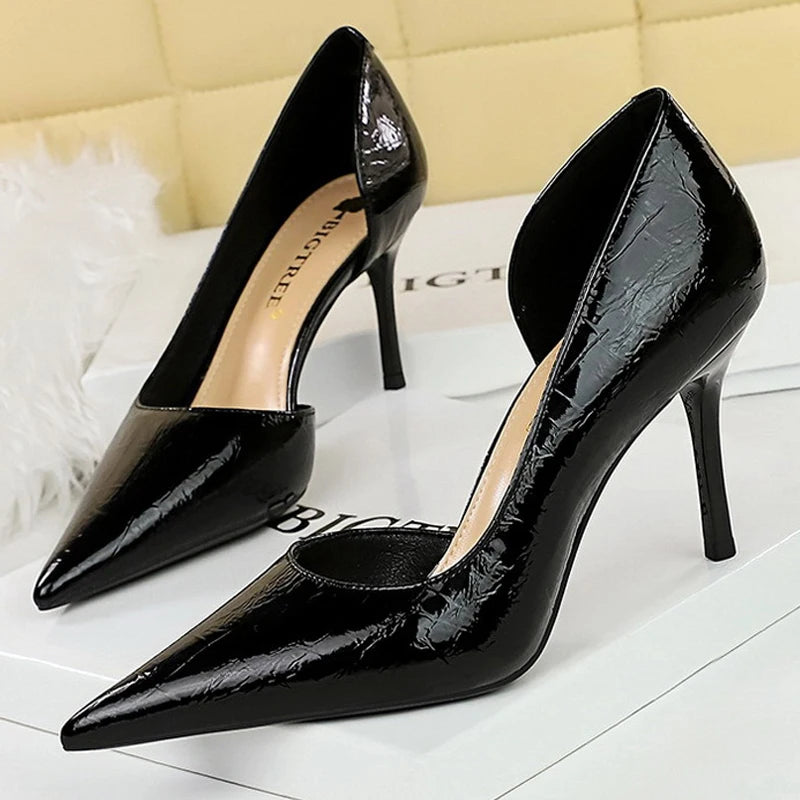Chaussures femme BIGTREE, escarpins en cuir verni de 8 cm, design rétro à talons aiguilles, bout pointu avec côté ouvert, idéales pour soirées et occasions spéciales, taille 43.