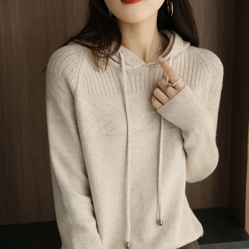 Pull-over à capuche en cachemire pour femmes, nouveau modèle automne/hiver : sweat-shirt ample avec capuche et effet ombragé.