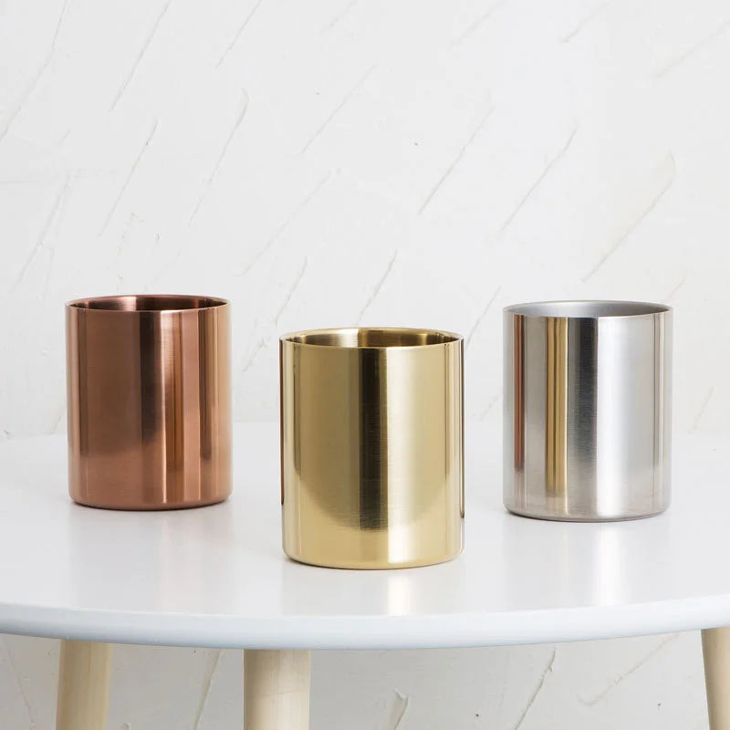 Porte-stylo circulaire en acier inoxydable, ornement de bureau en métal, design nordique, rangement pour stylos, vase doré, boîte de rangement pour pinceaux de maquillage.
