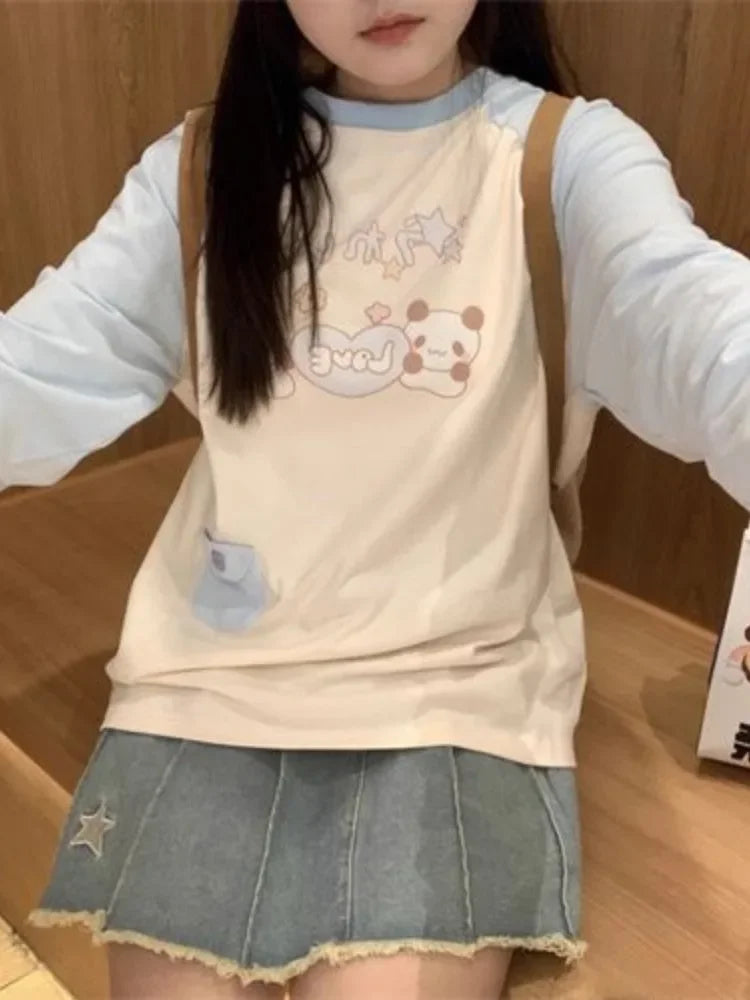 HOUZHOU Hoodie femme kawaii avec patchwork de mode japonaise, imprimé cartoon mignon, pull doux style girlie pour l'hiver , tendance Y2K.