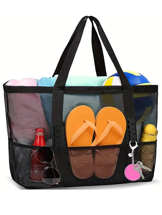 1 pièce Grand sac de plage en filet - sac fourre-tout résistant au sable surdimensionné pour la famille, pliable, léger, avec fermeture éclair et poches supplémentaires pour jouets et vacances, fournitures de croisière plage, sac scolaire, grande capacit