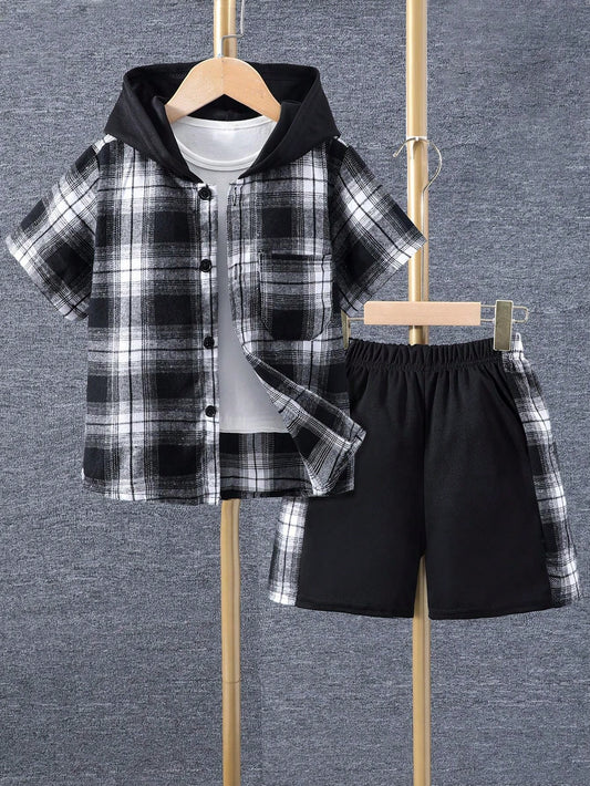 Ensemble deux pièces décontracté pour jeune garçon - Haut à capuche à carreaux à manches courtes avec boutons et short à motifs de patchwork à carreaux