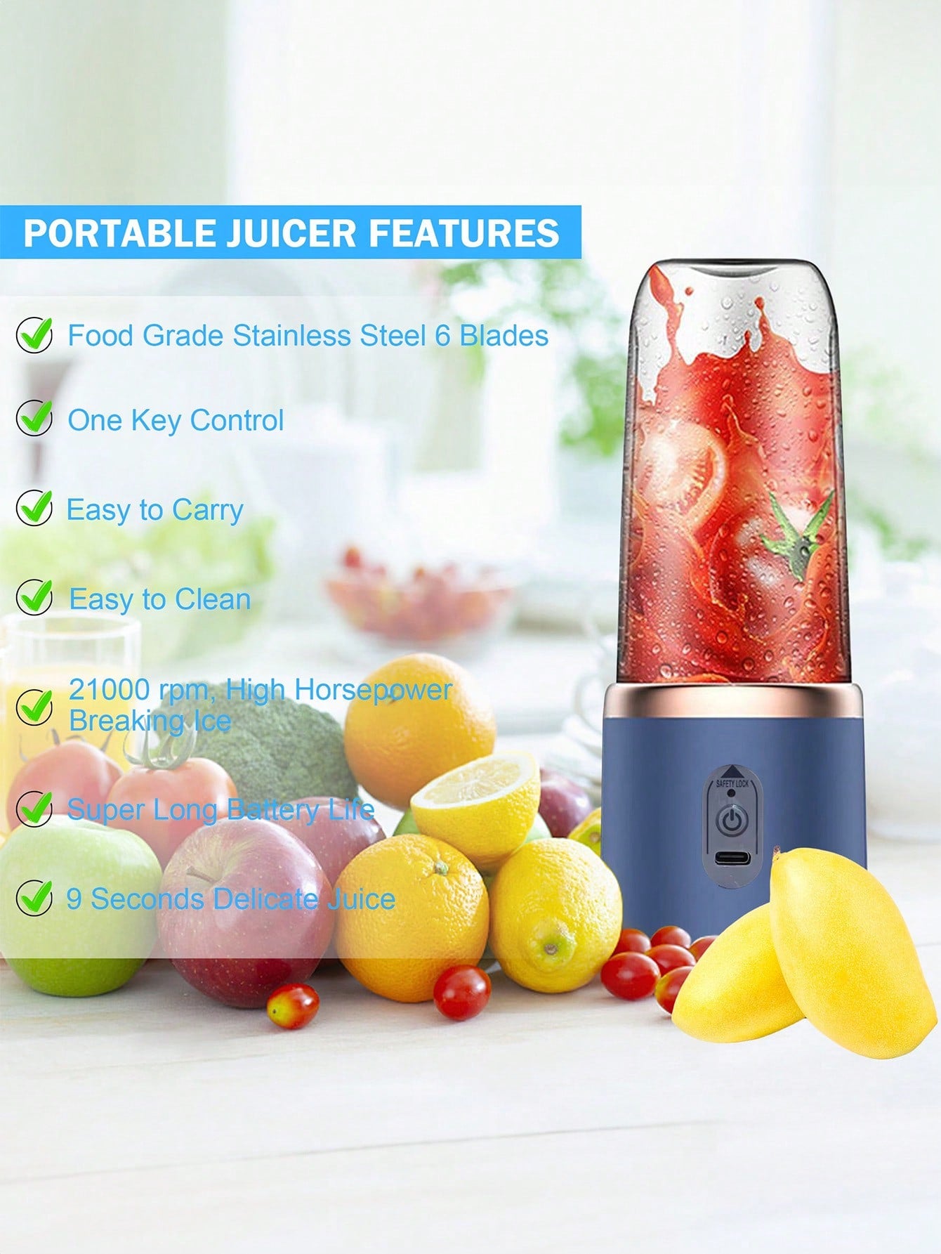 1 pièce 400ml Portable sans fil Juicer électrique, Mini Juicer à fruits USB C rechargeable avec 6 lames et double tasse, mixeur de tasse de jus multifonctionnel, parfait pour les légumes, les fruits et les milkshakes