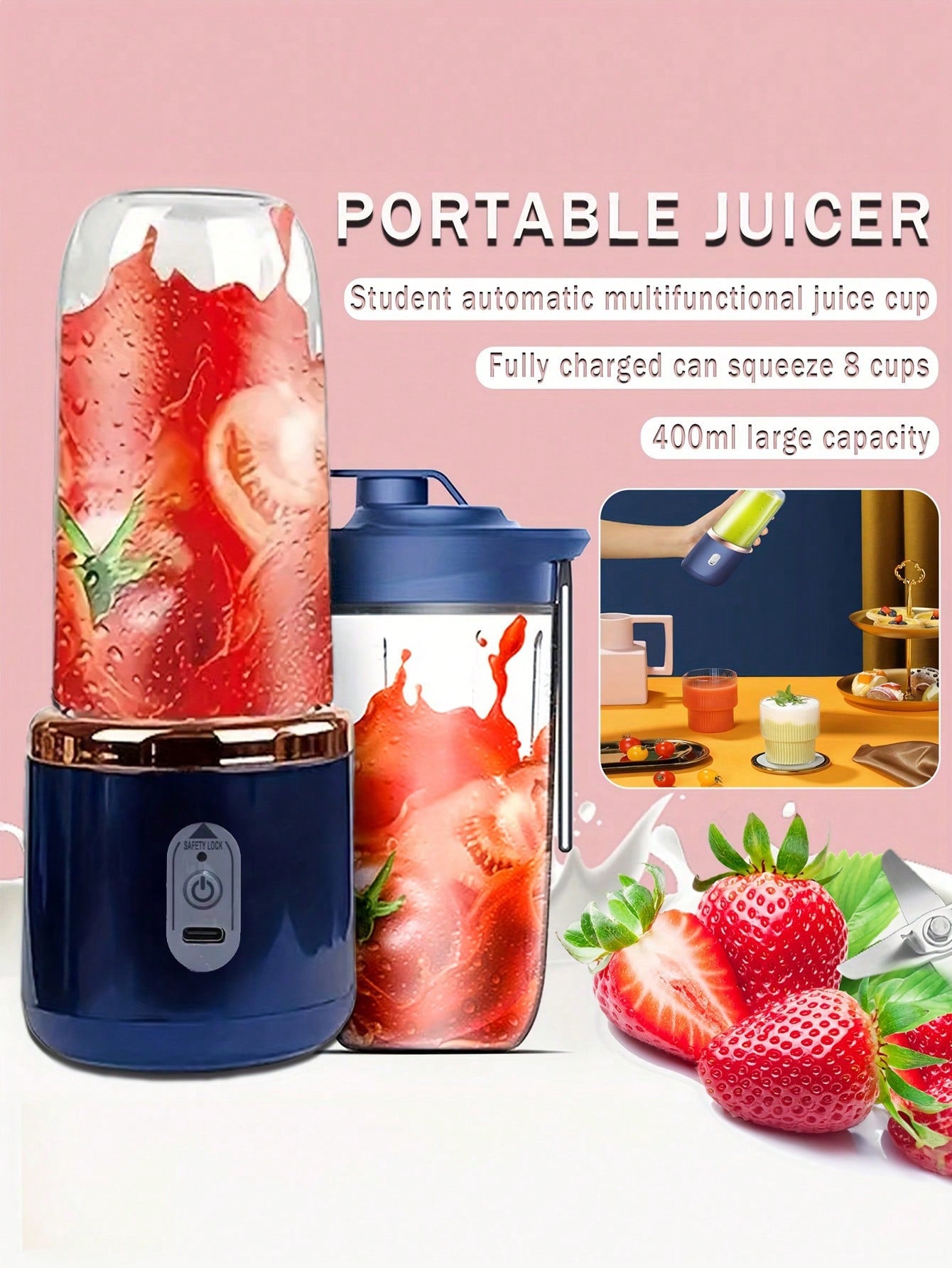 1 pièce 400ml Portable sans fil Juicer électrique, Mini Juicer à fruits USB C rechargeable avec 6 lames et double tasse, mixeur de tasse de jus multifonctionnel, parfait pour les légumes, les fruits et les milkshakes