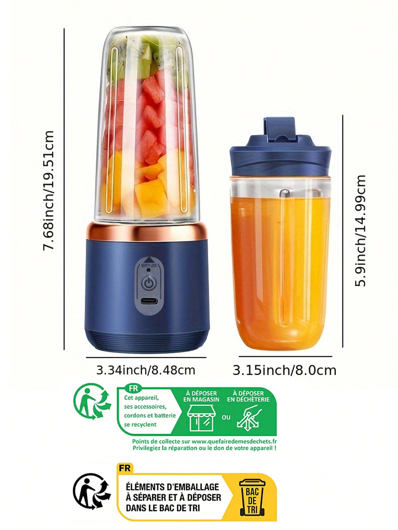 1 pièce 400ml Portable sans fil Juicer électrique, Mini Juicer à fruits USB C rechargeable avec 6 lames et double tasse, mixeur de tasse de jus multifonctionnel, parfait pour les légumes, les fruits et les milkshakes