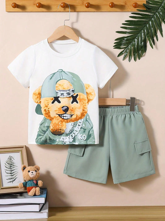 Ensemble short et t-shirt à imprimé ours pour garçon, tenue d'été tendance