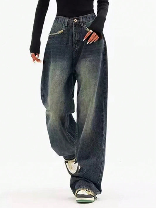 Jean taille haute large décontracté et droit pour préadolescentes, style rétro