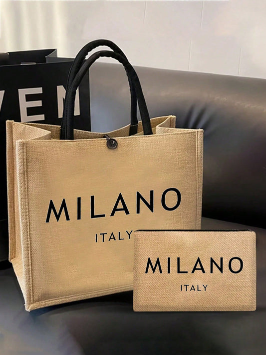 Sac fourre-tout en lin, incluant un sac fourre-tout avec l'impression "MILANO ITALY" et un petit sac imprimé. Lettrages, fleurs, un coffret cadeau personnalisé, une combinaison de petits et grands sacs, convenant pour les mariages, anniversaires, plages,