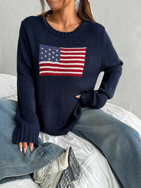 Jeune fille, pull ample à col rond avec motif de drapeau, bleu, rouge, blanc. Convient pour le Nouvel An, Noël, temps chaud et froid, isolation thermique