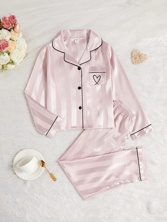 2 pièces Ensemble de pyjama pour filles, Cardigan à manches longues rayé champagne et pantalon long, Tenue de détente casual