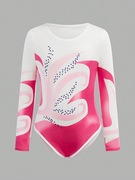 1 pièce Tenue de sport pour jeunes filles, Justaucorps de gymnastique avec imprimé floral, Combishort respirable et mignon à manches longues pour l'exercice et la danse, Violet