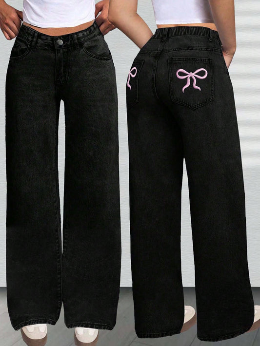Pantalon large en jean décontracté oversize avec nœud et imprimé graphique pour pré-adolescentes