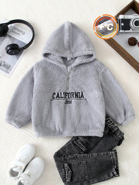 1 pièce sweat-shirt à capuche zippé, essentiel pour les tenues de jeunes garçons, style décontracté, collège, confortable et simple, avec broderie lettres, demi-fermeture éclair, épais et chaud, convient pour l'école, les voyages, les sports, l'automne e