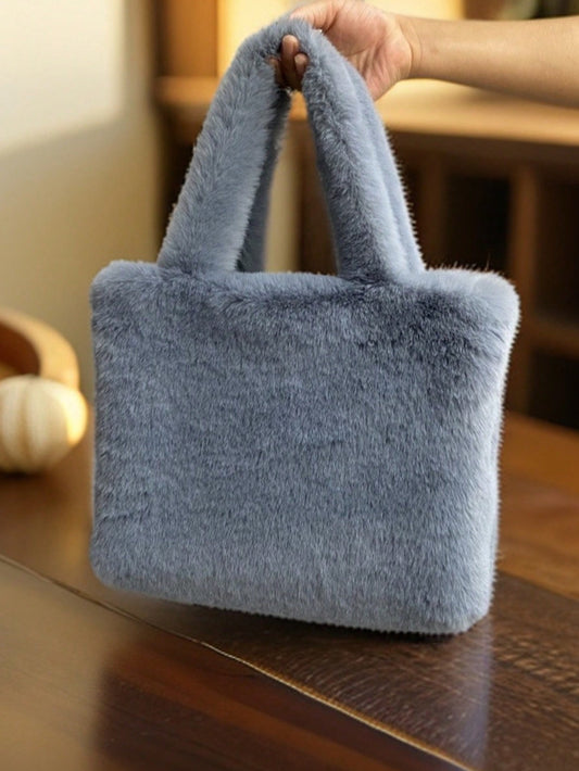 Sac moelleux d'hiver, sac fourre-tout de mode tendance en imitation poils de vison, sac shopping tout-en-un simple de couleur unie à porter sous le bras