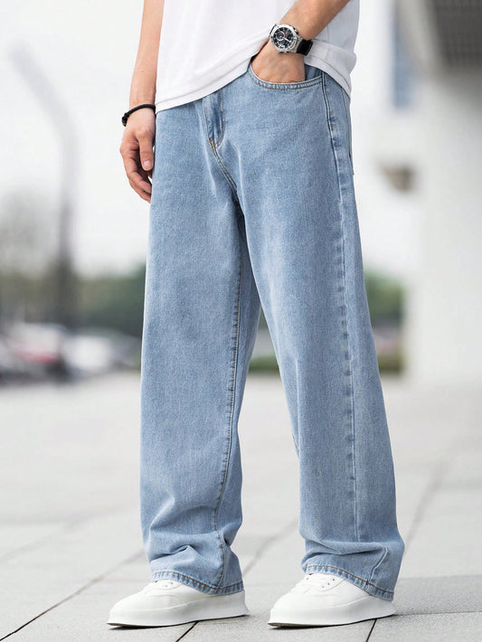 Jeans basiques bleus en denim décontractés et amples à jambes droites pour garçons adolescents, costume de tous les jours et pour les quatre saisons. Vêtements pour garçons adolescents