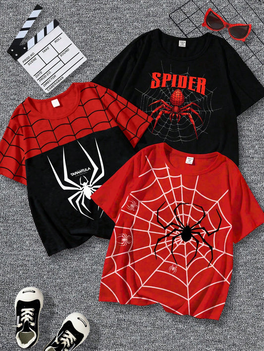3 pièces/set T-shirt casual à manches courtes col rond avec imprimé blocs de couleurs d'araignées et toiles d'araignées pour jeunes garçons en été