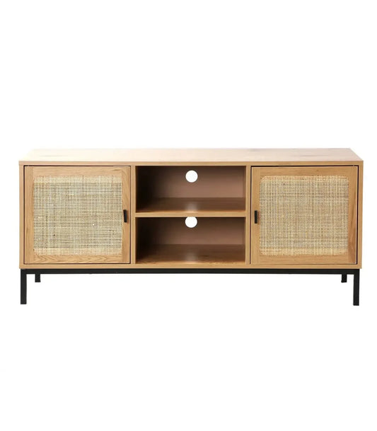 Meuble TV moderne en rotin cannage – Design à 2 portes avec niches, style naturel et contemporain