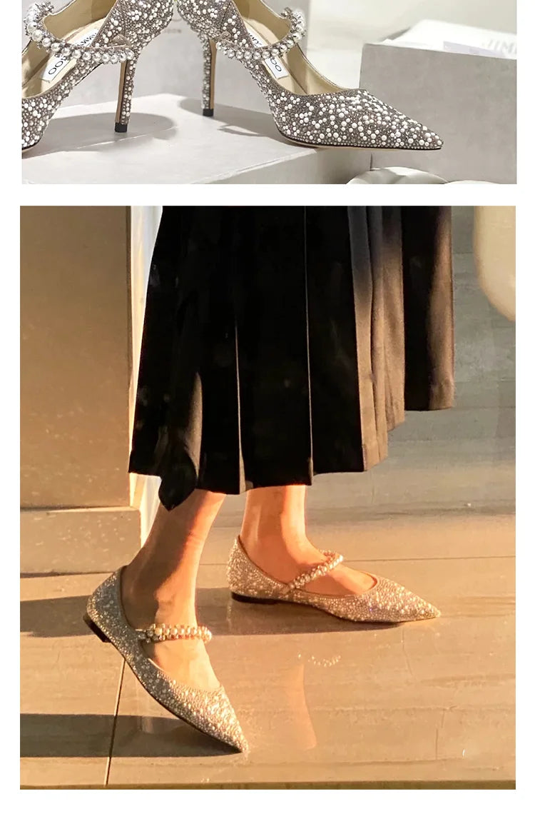 Chaussures de mariage 2024, ballerines et talons hauts en cristal, bout pointu, idéales pour soirées et cérémonies.