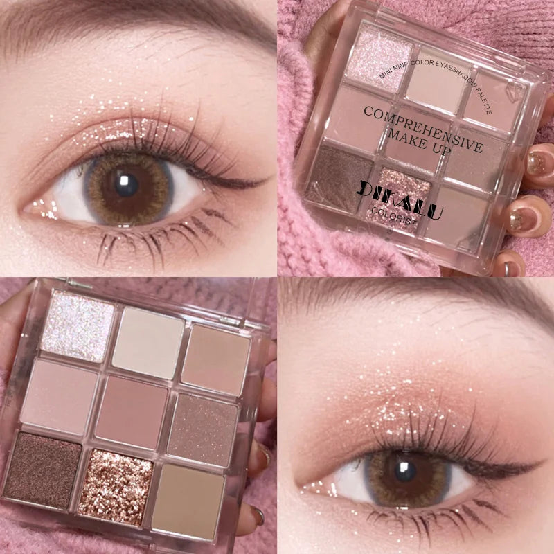 Palette de Fards à Paupières Neuf Couleurs - Orange, Marron, Pailleté, Mat et Brillant, Longue Tenue, Maquillage des Yeux
