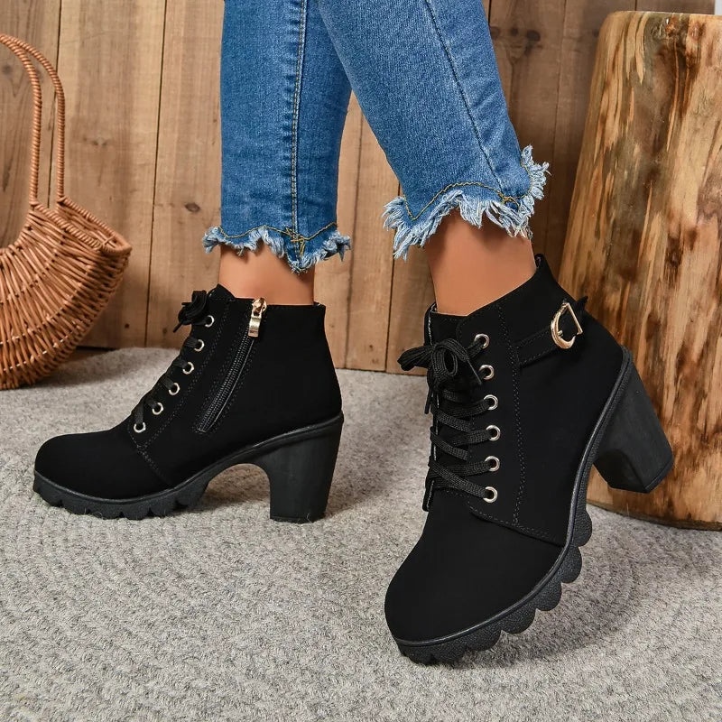 Bottes à talons hauts pour femmes, de haute qualité, avec des lacets, conçues pour les saisons printemps-hiver.