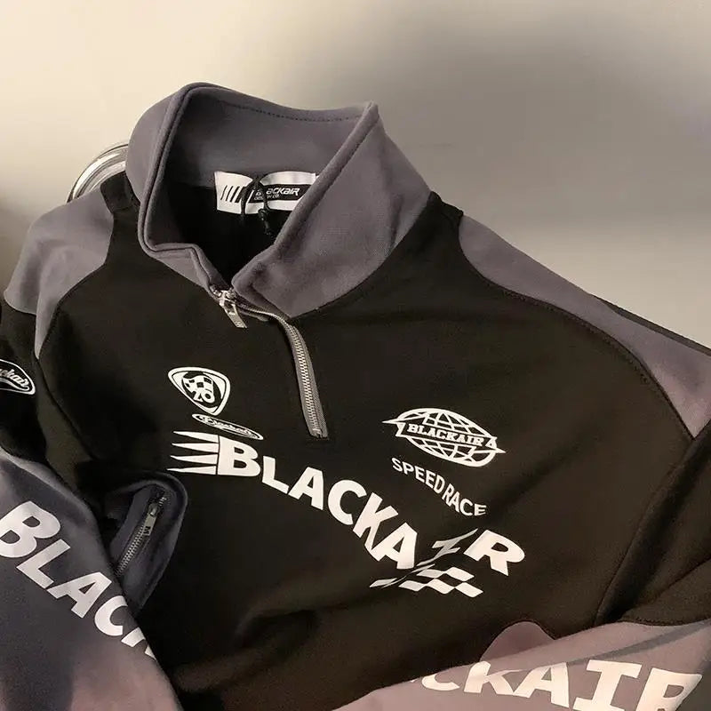 Sweat-shirt unisexe style rétro américain, avec imprimé alphabet et col montant, idéal pour le printemps et l’automne, marque tendance streetwear sportive.