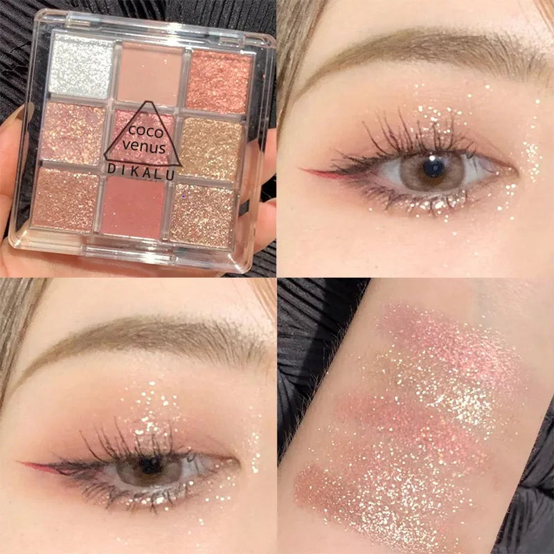 Palette de Fards à Paupières Neuf Couleurs - Orange, Marron, Pailleté, Mat et Brillant, Longue Tenue, Maquillage des Yeux