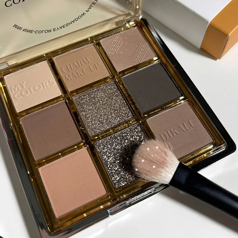 Palette de Fards à Paupières Neuf Couleurs - Orange, Marron, Pailleté, Mat et Brillant, Longue Tenue, Maquillage des Yeux