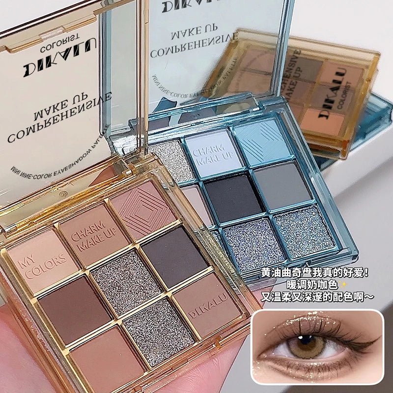 Palette de Fards à Paupières Neuf Couleurs - Orange, Marron, Pailleté, Mat et Brillant, Longue Tenue, Maquillage des Yeux