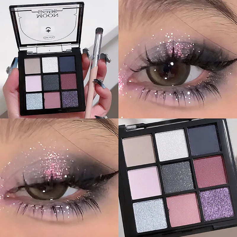 Palette de Fards à Paupières Neuf Couleurs - Orange, Marron, Pailleté, Mat et Brillant, Longue Tenue, Maquillage des Yeux
