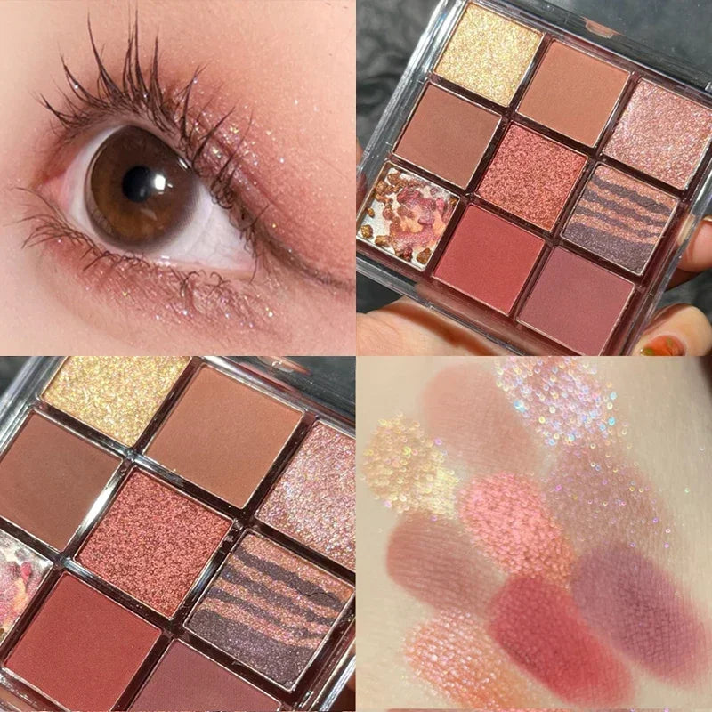 Palette de Fards à Paupières Neuf Couleurs - Orange, Marron, Pailleté, Mat et Brillant, Longue Tenue, Maquillage des Yeux