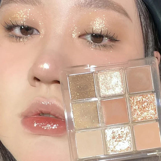 Palette de Fards à Paupières Neuf Couleurs - Orange, Marron, Pailleté, Mat et Brillant, Longue Tenue, Maquillage des Yeux