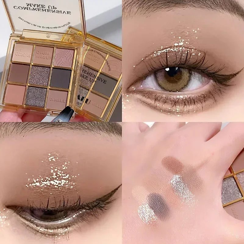 Palette de Fards à Paupières Neuf Couleurs - Orange, Marron, Pailleté, Mat et Brillant, Longue Tenue, Maquillage des Yeux