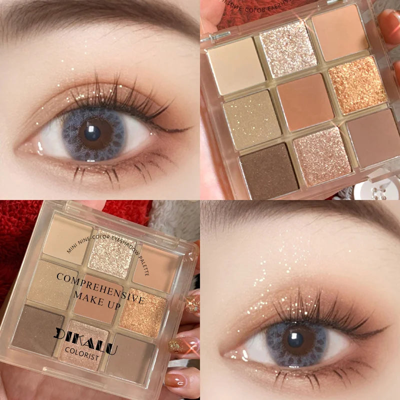 Palette de Fards à Paupières Neuf Couleurs - Orange, Marron, Pailleté, Mat et Brillant, Longue Tenue, Maquillage des Yeux