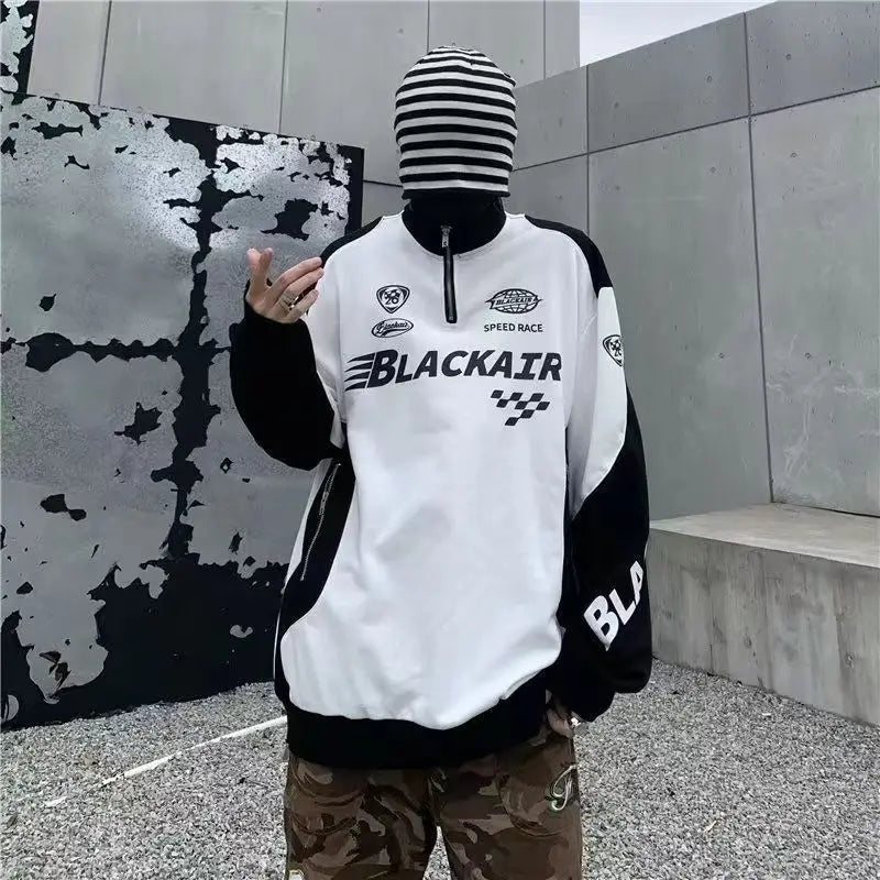 Sweat-shirt unisexe style rétro américain, avec imprimé alphabet et col montant, idéal pour le printemps et l’automne, marque tendance streetwear sportive.