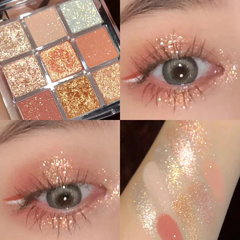 Palette de Fards à Paupières Neuf Couleurs - Orange, Marron, Pailleté, Mat et Brillant, Longue Tenue, Maquillage des Yeux