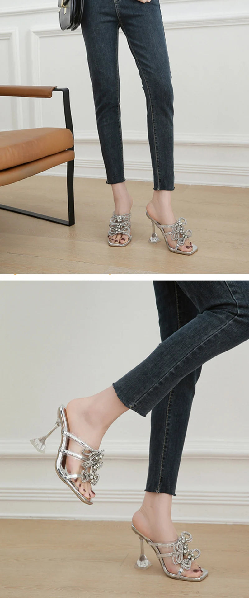 Sandales transparentes à talons hauts, ornées de strass et d'un nœud en cristal, pour soirées et fêtes.