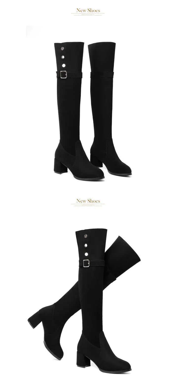 Bottes pour femmes au-dessus du genou en suède, à talons hauts sexy, avec boucle et design ajusté pour les cuisses.