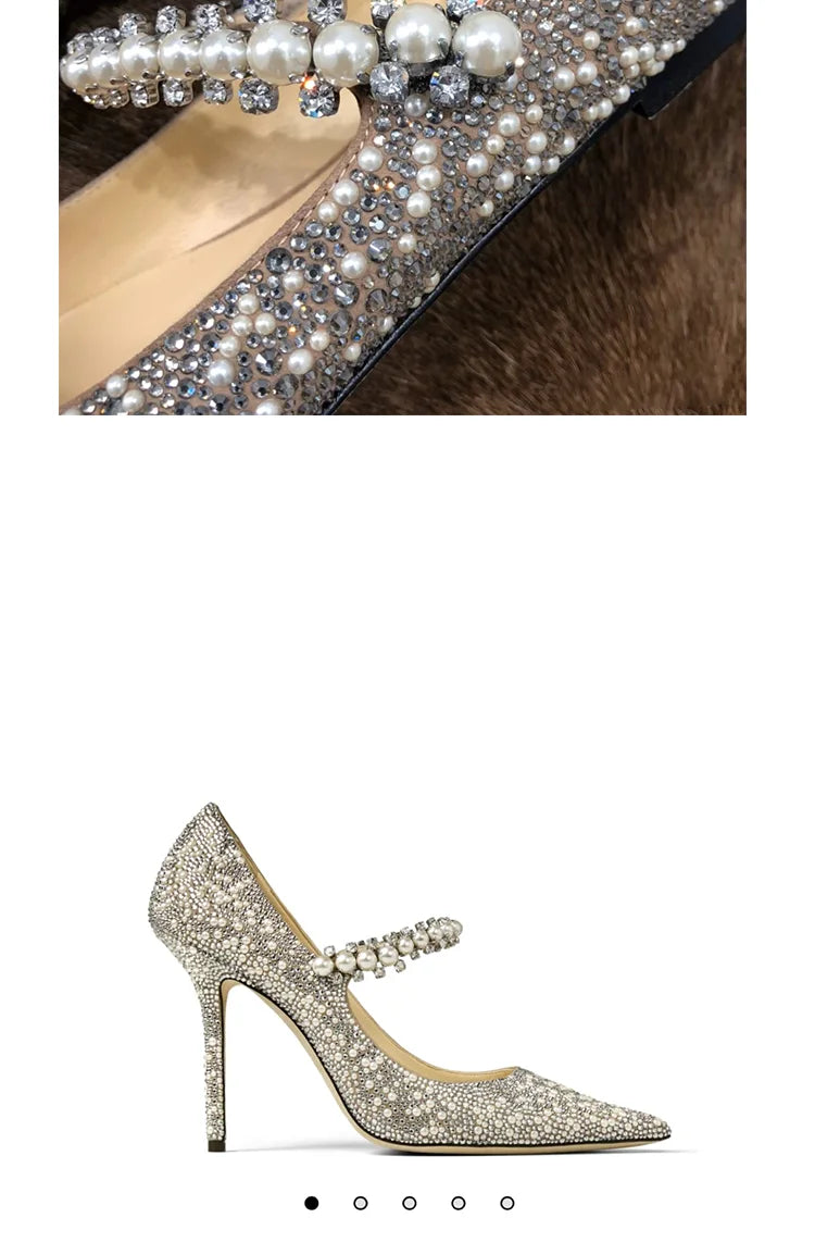 Chaussures de mariage 2024, ballerines et talons hauts en cristal, bout pointu, idéales pour soirées et cérémonies.