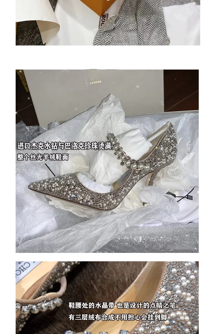Chaussures de mariage 2024, ballerines et talons hauts en cristal, bout pointu, idéales pour soirées et cérémonies.