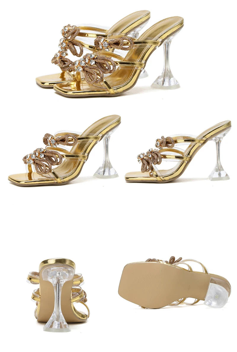 Sandales transparentes à talons hauts, ornées de strass et d'un nœud en cristal, pour soirées et fêtes.