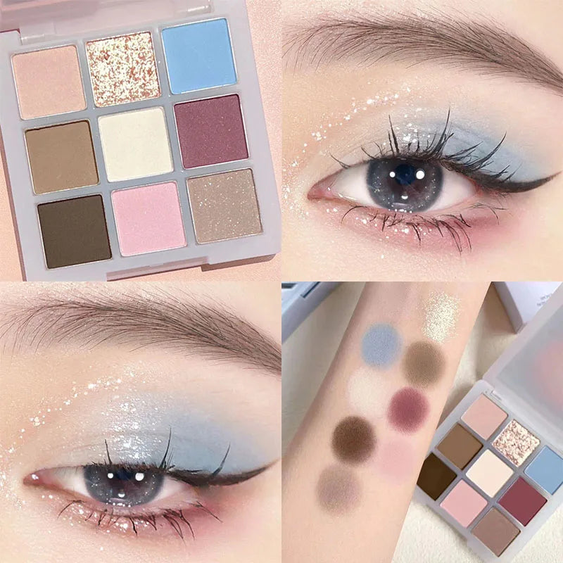 Palette de Fards à Paupières Neuf Couleurs - Orange, Marron, Pailleté, Mat et Brillant, Longue Tenue, Maquillage des Yeux