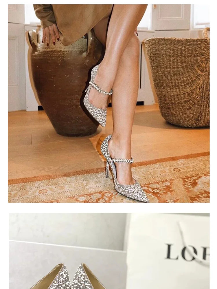 Chaussures de mariage 2024, ballerines et talons hauts en cristal, bout pointu, idéales pour soirées et cérémonies.